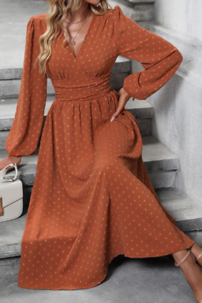 swiss dot surplice neck lantern sleeve ruched waist fall wedding guest dress