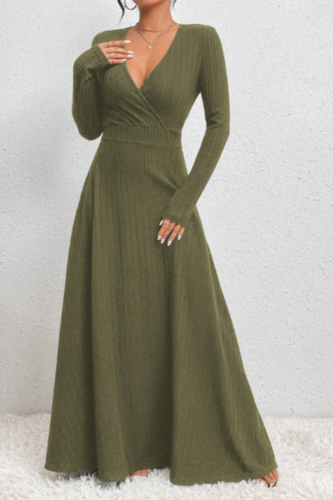 wrap neck long sleeve fall wedding guest dress
