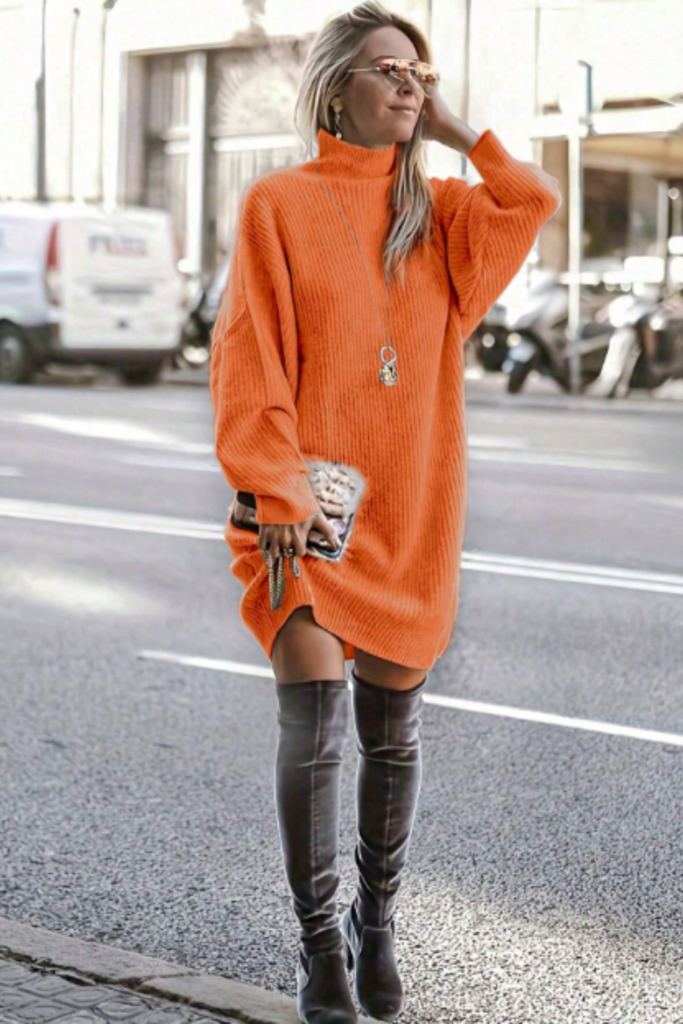 Loose Fit Knit Sweater Dress with Stand Collar & Ribbed Details