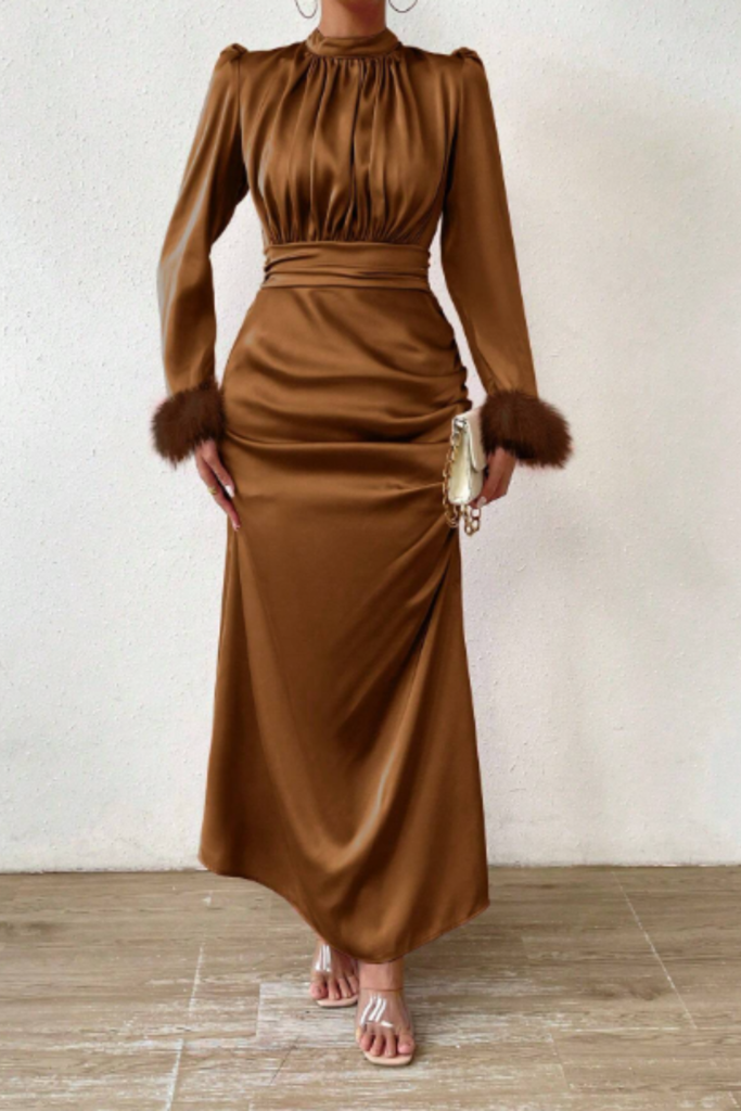 ruffle half turtleneck silky fall wedding guest dress with feather inserts