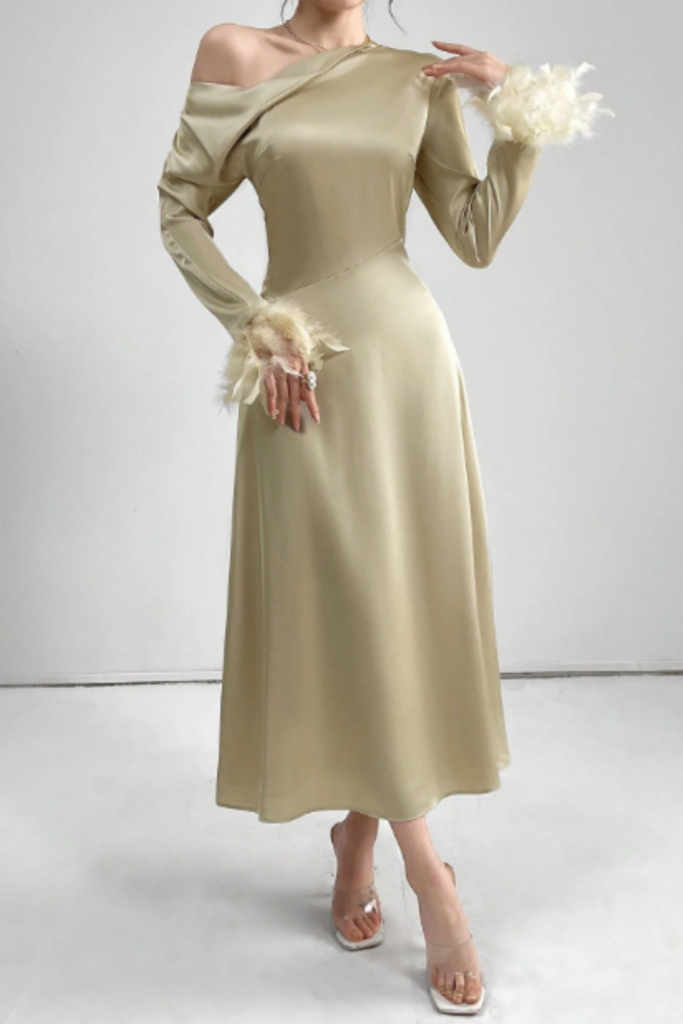 long elegant asymmetric collar feather patchwork sleeve long fall wedding guest dress