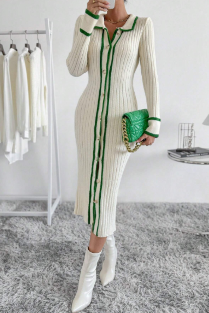 Striped Trim Button Front Sweater Dress