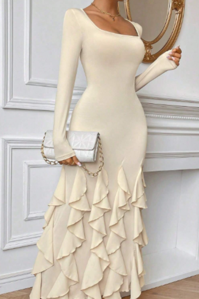 ruffle hem long sleeve long apricot bodycon fall wedding guest dress