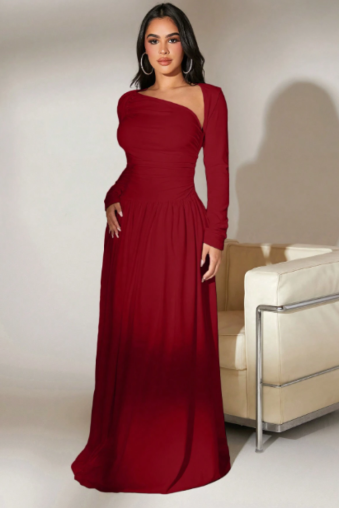 asymmetrical neckline pleated swing fall wedding guest dress