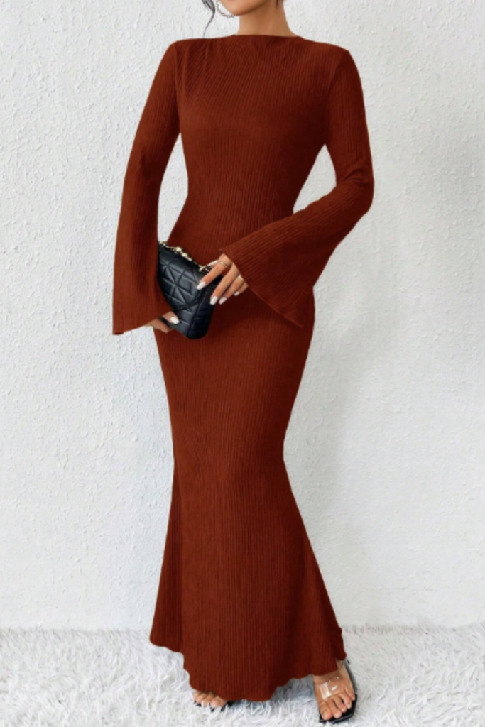 slim fit long fall wedding guest dress with flared sleeves